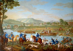 Plakette, die die Jagden von Ludwig XVI. darstellt: Der Hirsch überquert die Oise von der Küste von Royallieu in Sichtweite der Stadt Compiegne. von Jean Baptiste (after) Oudry
