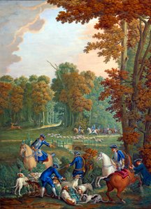 Tafel, die die Jagden von Ludwig XVI. darstellt: die Rast am Kreuzungspunkt der Umarmung im Wald von Compiègne oder Diener, der das alte Rudel entkoppelt. Porzellanmalerei von Charles Etienne Leguay (1762-1846) nach Jean Baptiste Oudry (1686-1755). von Jean Baptiste (after) Oudry