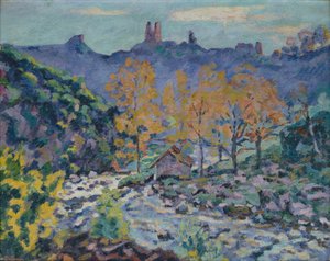 Die Mühle von Brigand und die Ruinen der Burg Crozant, Creuse, ca. 1900