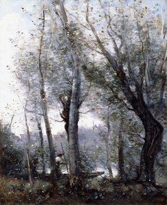 Ein Lastkahn hinter Bäumen am Ufer, 1865-70
