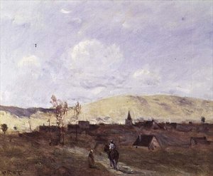 Kavalier in Sicht eines Dorfes von Jean Baptiste Camille Corot