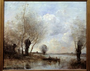 Angeln in einem Boot mit den Weiden von Jean Baptiste Camille Corot