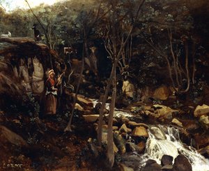Lormes - Ein Wildbach mit einer stehenden Bäuerin, die Wolle spinnt, 1842 von Jean Baptiste Camille Corot