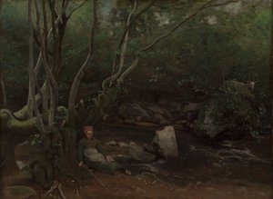 Lormes: Ziegenmädchen sitzt neben einem Bach im Wald von Jean Baptiste Camille Corot