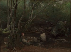 Lormes: Ziegenmädchen sitzt neben einem Bach im Wald von Jean Baptiste Camille Corot