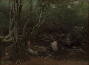 Lormes: Ziegenmädchen sitzt neben einem Bach im Wald von Jean Baptiste Camille Corot
