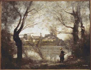 Mantes, Kathedrale und Stadt durch die Bäume gesehen, Abend von Jean Baptiste Camille Corot