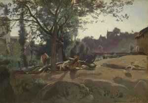 Bauern unter den Bäumen im Morgengrauen, um 1843 von Jean Baptiste Camille Corot