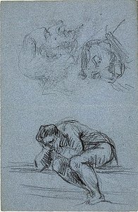 Sitzende Figur mit Kopf in den Händen und zwei Karikaturen (recto); Vier Figuren in einer Lunette (verso) von Jean Baptiste Carpeaux