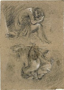 Skizzen: Sitzender Mann mit Kopf in den Händen und zwei Figuren, die sich im Hintergrund zu anderen beugen (recto); Liegende Frau (verso) von Jean Baptiste Carpeaux