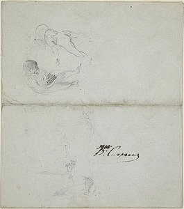 Skizzen von zwei Kindern, Boote auf See (recto); Skizzen einer schreitenden männlichen Figur mit Stab und Küstenszene (verso)