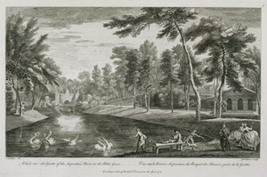 Ein Blick auf die Grotte des Serpentine River im Erlenhain von Stowe, 1753, graviert von George Bickham von Jean Baptiste Claude Chatelain