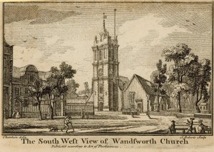 Die Südwestansicht der Wandsworth-Kirche von Jean Baptiste Claude Chatelain