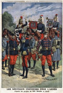 Die neuen Uniformen für die französische Armee nach den Entwürfen der Maler Edouard Detaille (1848-1912) und Georges Bertin Scott (1873-1942) genannt Scott de Plagnolles. Gravur in „Le Petit Journal“, am 10.03.1912. Private Sammlung. von Jean Baptiste Edouard Detaille
