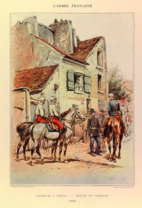 Typen und Uniformen der französischen Armee von Hauptmann Jules Richard, illustriert von Edouard Detaille: Jäger zu Pferd; Felddienst 1886, Private Sammlung von Jean Baptiste Edouard Detaille