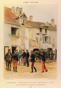 Typen und Uniformen der französischen Armee von Kapitän Jules Richard, illustriert von Edouard Detaille: Verwaltung: Medizinalmajor der 2. Klasse; Aide Major der 1. Klasse; Veterinäraide und Telegrafist 1887, Privatbesitz von Jean Baptiste Edouard Detaille
