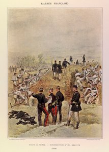 Typen und Uniformen der französischen Armee von Hauptmann Jules Richard, illustriert von Edouard Detaille (1848-1912): Corps de Genie; Bau einer Schanze im Jahr 1886, Privatbesitz von Jean Baptiste Edouard Detaille