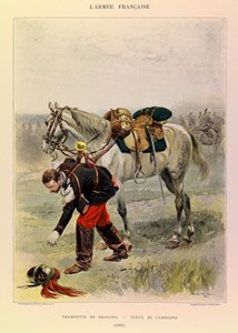 Typen und Uniformen der französischen Armee von Hauptmann Jules Richard, illustriert von Edouard Detaille: Dragoner-Trompeter in Landestracht, 1885 von Jean Baptiste Edouard Detaille