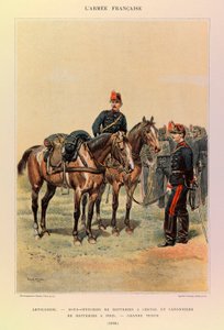 Typen und Uniformen der französischen Armee von Hauptmann Jules Richard, illustriert von Edouard Detaille: Artillerie: Unteroffiziere der Batterien zu Pferd und Kanoniere der Batterie zu Fuß in großer Uniform 1886 von Jean Baptiste Edouard Detaille
