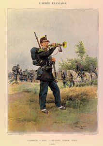 Typen und Uniformen der französischen Armee von Hauptmann Jules Richard, illustriert von Edouard Detaille: Jäger zu Fuß: Hornist in großer Uniform 1885 von Jean Baptiste Edouard Detaille