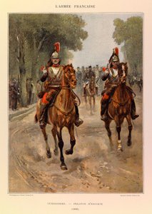 Typen und Uniformen der französischen Armee von Hauptmann Jules Richard, illustriert von Edouard Detaille: Kürassiere; Eskortzug 1885