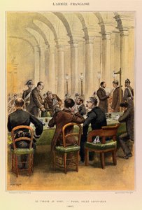 Typen und Uniformen der französischen Armee von Kapitän Jules Richard, illustriert von Edouard Detaille: Die Auslosung in Paris, Salle Saint Jean 1887, Privatbesitz von Jean Baptiste Edouard Detaille