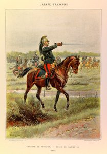 Typen und Uniformen der französischen Armee von Hauptmann Jules Richard, illustriert von Edouard Detaille (1848-1912): Offizier der Dragoner in Manöveranzug im Jahr 1885, Privatbesitz