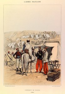 Typen und Uniformen der französischen Armee von Hauptmann Jules Richard, illustriert von Edouard Detaille (1848-1912): Lager der Zouaven im Jahr 1886, Privatbesitz