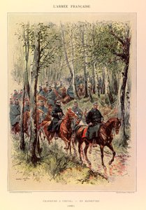 Typen und Uniformen der französischen Armee von Hauptmann Jules Richard, illustriert von Edouard Detaille (1848-1912): Jäger zu Pferd bei Manövern im Jahr 1885, Privatbesitz von Jean Baptiste Edouard Detaille