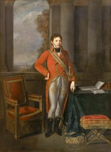 Napoleon Bonaparte als Erster Konsul vor einer Ansicht von Antwerpen