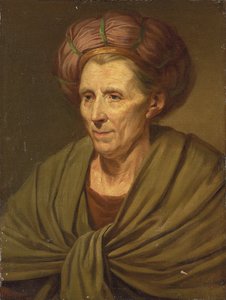 Porträt einer Frau, brustlang, mit braunem Turban und grünem Schal