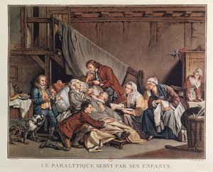 Der gelähmte Mann, dem seine Kinder helfen, graviert von Alix, um 1800 von Jean Baptiste Greuze