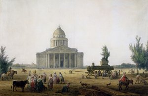 Ansicht des Pantheon in Paris mit einer Kutsche, die eine Statue von Jean-Jacques Rousseau trägt, um 1792 von Jean Baptiste Hilair