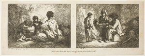 Kinder mit einem Hund und Schafen und Bauernfamilie am Feuer
