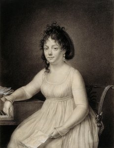 Eine sitzende Dame, dreiviertel Länge, vermutlich ein Mitglied der Familie des Künstlers, hält einen Brief in ihrer linken Hand und lehnt ihren rechten Arm auf die Seite eines Klaviers von Jean Baptiste Jacques Augustin