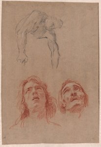 Mann, der sich nach unten beugt und zwei Studien von Köpfen (recto) von Jean Baptiste Jouvenet