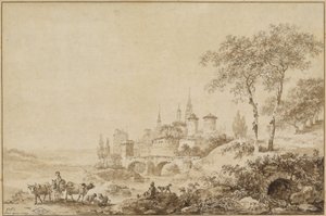Hirten in einer Landschaft vor einer befestigten Stadt