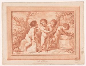 Vier Putti bei einem Weinfass
