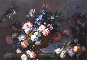 Stillleben mit Früchten und Blumen mit Vögeln von Jean Baptiste Monnoyer