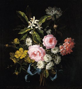 Blumenstrauß aus Kamille, Rosen, Orangenblüten und Nelken, mit einem blauen Band gebunden von Jean Baptiste Monnoyer