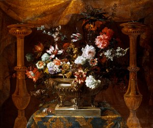 Stillleben mit Blumen in einer Silbervase mit Parfümbrennern, um 1690-99