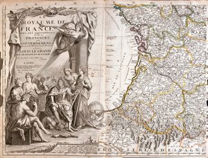 Karte von Guyenne und Gascogne, mit einem Porträt von Ludwig XIV. (1638-1715) umgeben von allegorischen Figuren von Jean Baptiste Nolin