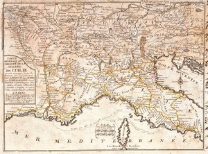 Karte der Straßen, die zu den wichtigsten italienischen Städten aus ganz Europa führen (Gravur)