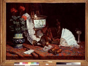 Stillleben mit Fächer. Tisch mit Vase, Geranientopf, Fernglas. Gemälde von Jean Baptiste Olive (1848-1936). 20. Jahrhundert. Sammlung Fondation Regards de Provence, Marseille von Jean Baptiste Olive