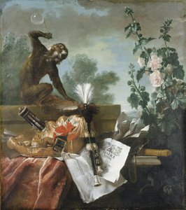 Eine Allegorie der Luft: ein musikalisches Stillleben mit einem Affen, der Blasen bläst, einer Musette, einer Flöte und Noten