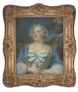 Porträt einer Frau in blauer Robe und ihres schwarzen Dieners von Jean Baptiste Perronneau