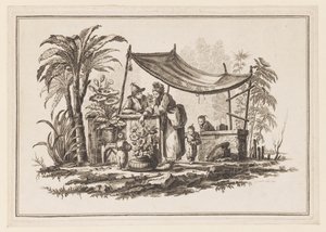 Figuren mit einer Vase mit Blumen, aus "Nouveau Cahier de Six Feuilles De Différents Sujets Chinois Historiés" von Jean Baptiste Pillement