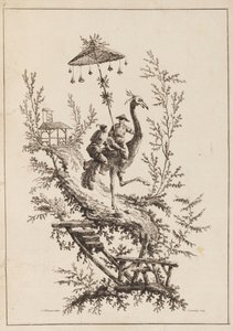 Straußenreiter, Platte aus einem Satz von Chinoiserie-Darstellungen von Jean Baptiste Pillement