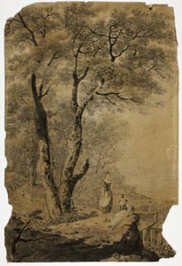 Waldlandschaft mit zwei Frauen im Vordergrund von Jean Baptiste Pillement