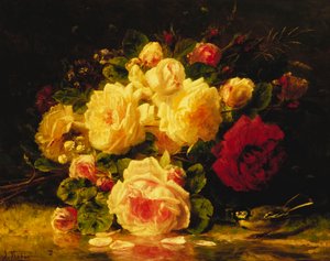 Rosen mit einer Blaumeise an einem Bach